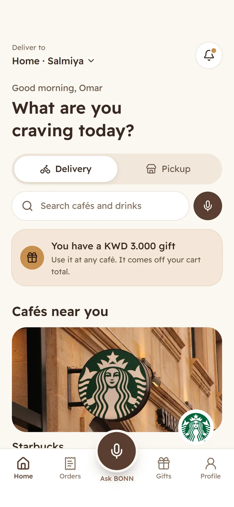 Home: nearby cafés and voice ordering