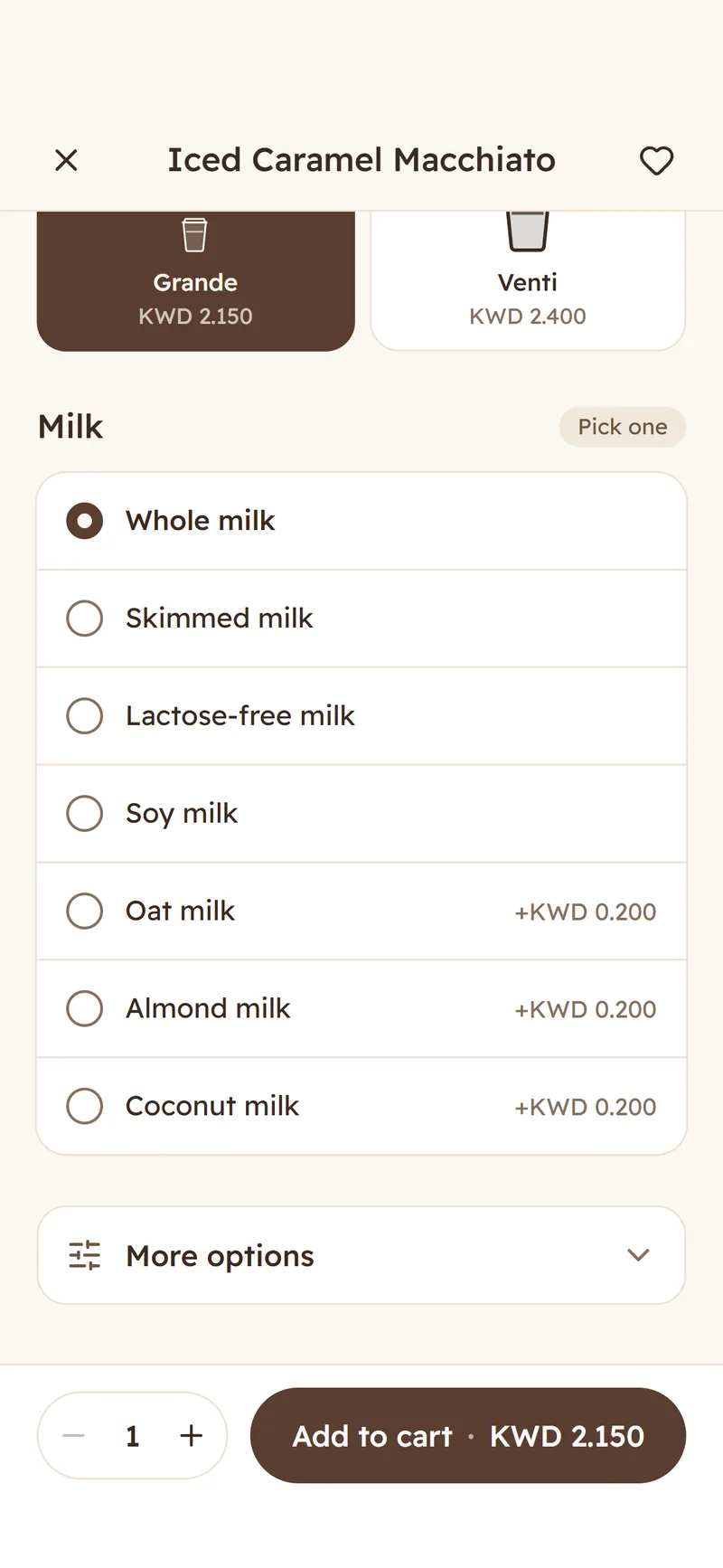 Customising a drink: size and milk